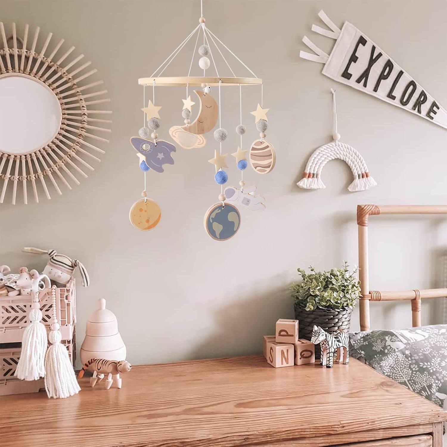 Space Nursery Mobile - Wooden Baby Mobile - Solar System Crib Mobile Astronaut Space Theme Nursery