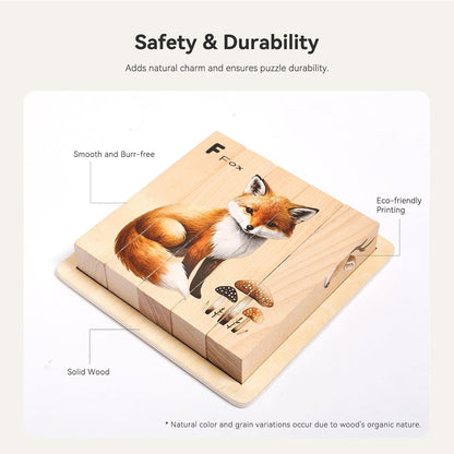 IEATFO 4 in 1 Wooden Animal Chunky Puzzle, 5 Solid Wood Puzzle Blocks with 4 Sides Realistic Forest