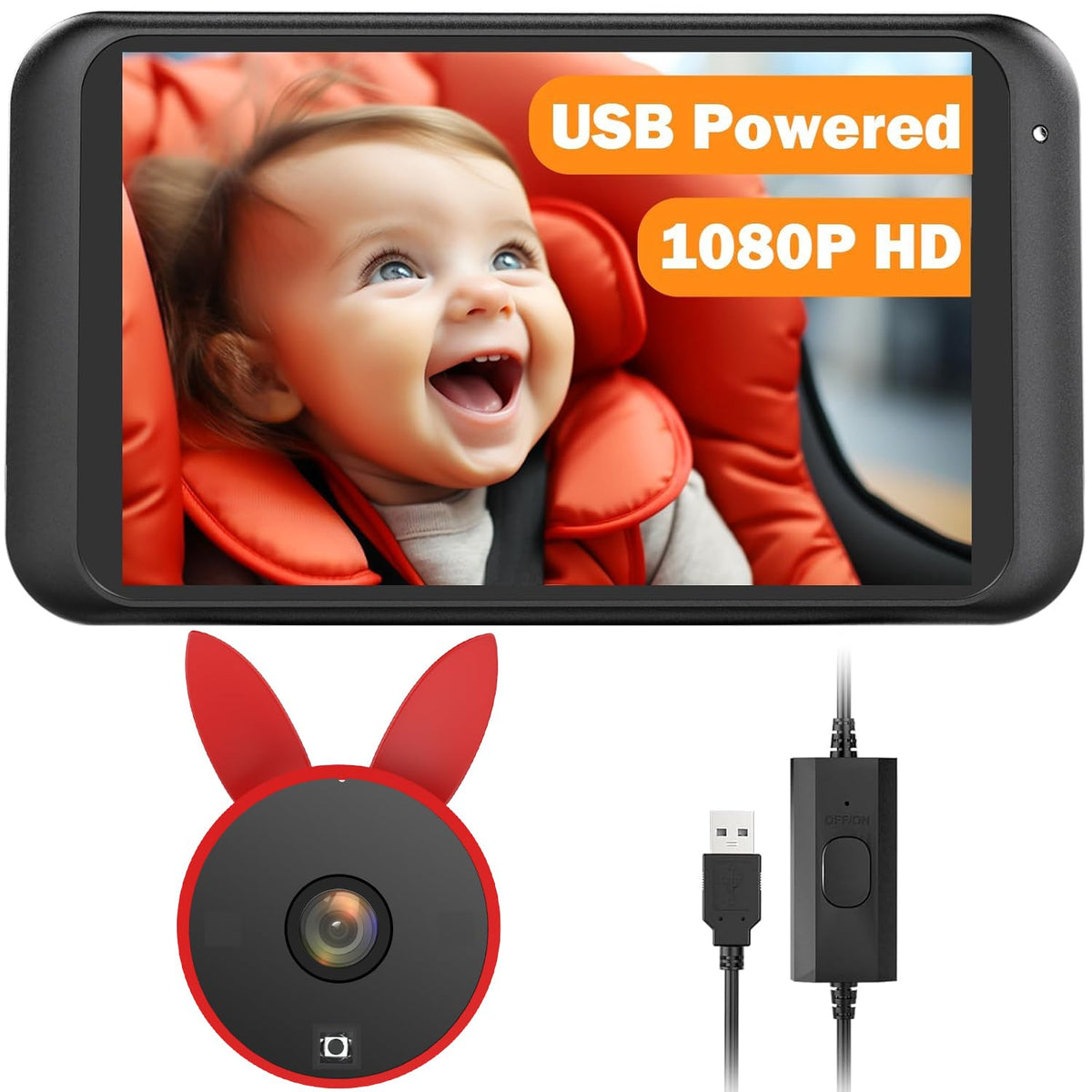 BV2 Baby Car Camera, 4.5'' HD 1080P USB Rear-Facing Mirror, IR Night Vision, 360° Adjustable, Plug