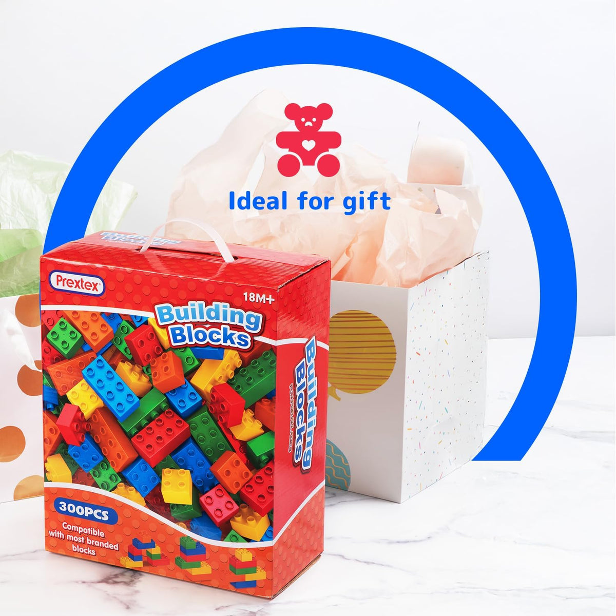 PREXTEX Building Blocks for Toddlers - 300 Jumbo Building Bricks with Carrying Box for Easy Storage