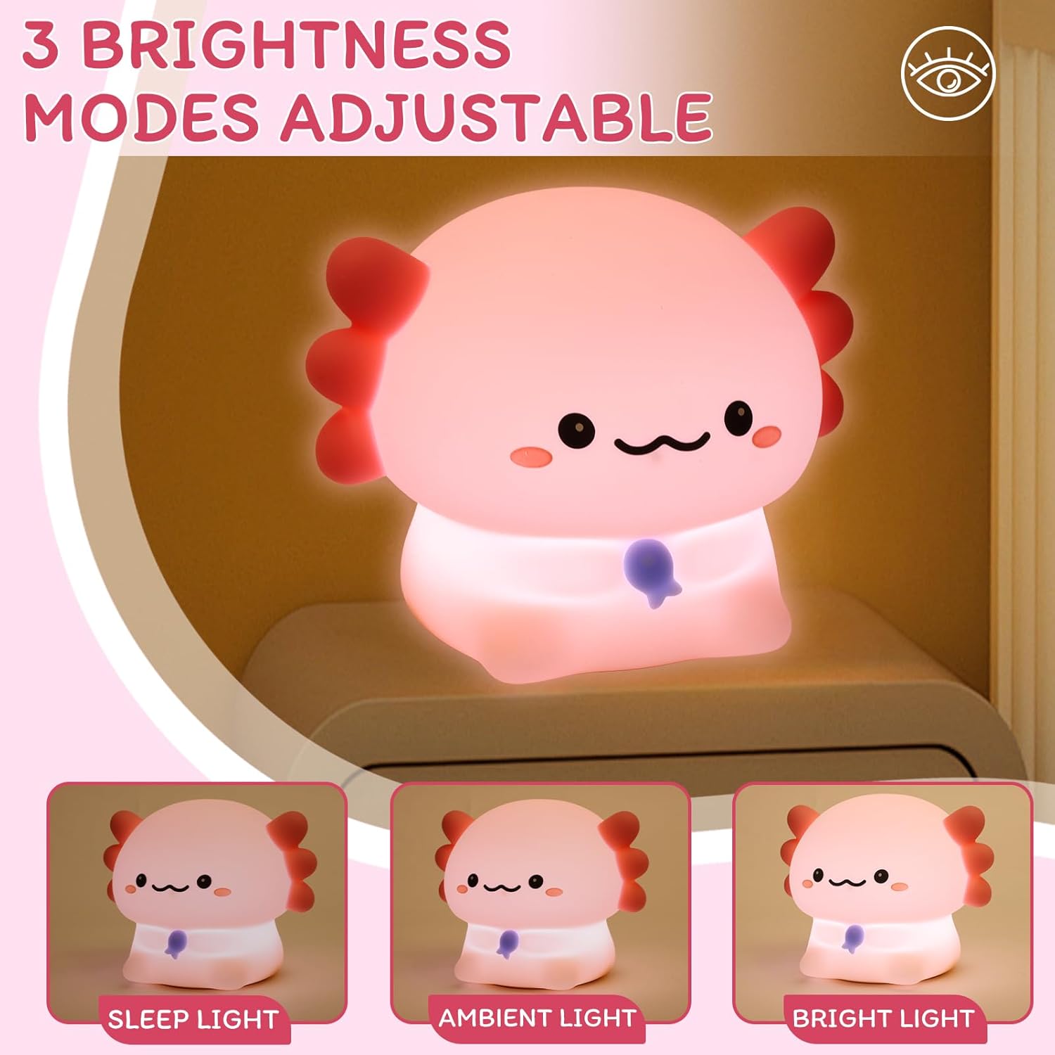 Axolotl Night Light for Kids - 3-Level Dimmer & Auto-Off Timer, Child-Safe Silicone Lamp, USB-C