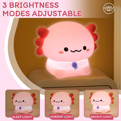 Axolotl Night Light for Kids - 3-Level Dimmer & Auto-Off Timer, Child-Safe Silicone Lamp, USB-C