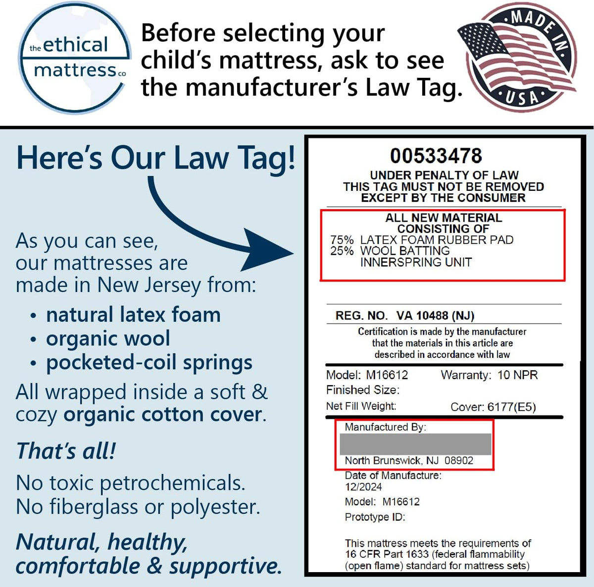 ETHICAL MATTRESS CO 6" Kid’s Mattress, Toxin-Free, Made in the USA with Organic Cotton, Wool, Latex