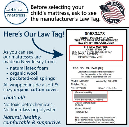 ETHICAL MATTRESS CO 6" Kid’s Mattress, Toxin-Free, Made in the USA with Organic Cotton, Wool, Latex