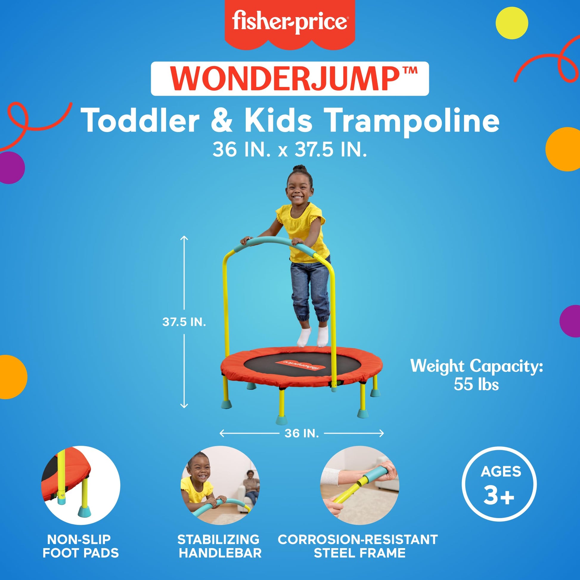 Fisher-Price Mini Trampoline, WonderJump 36" Round Bouncer, Multicolor