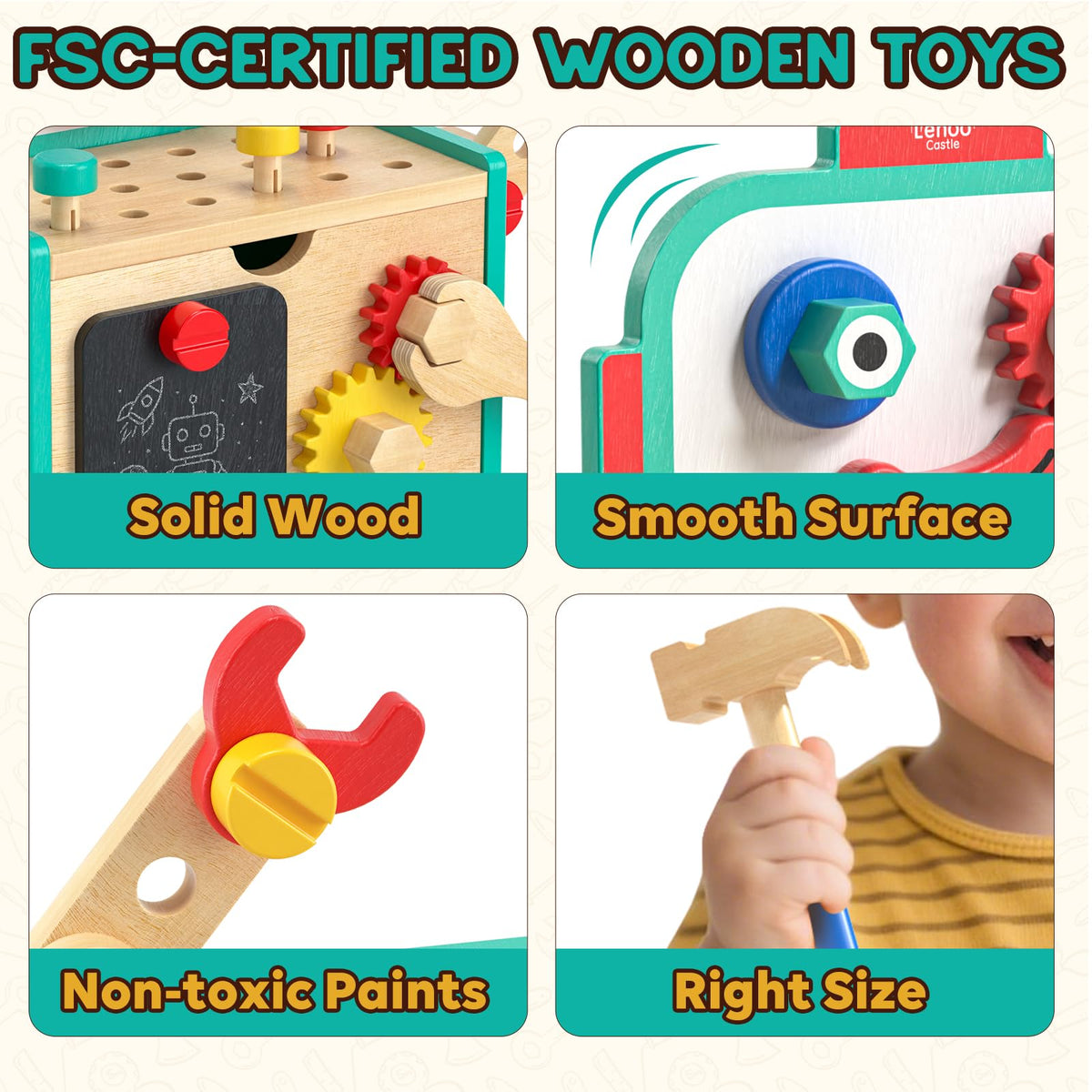 Lehoo Castle Kids Tool Set, Wooden Montessori Robot Tool Bench for Boys 3+