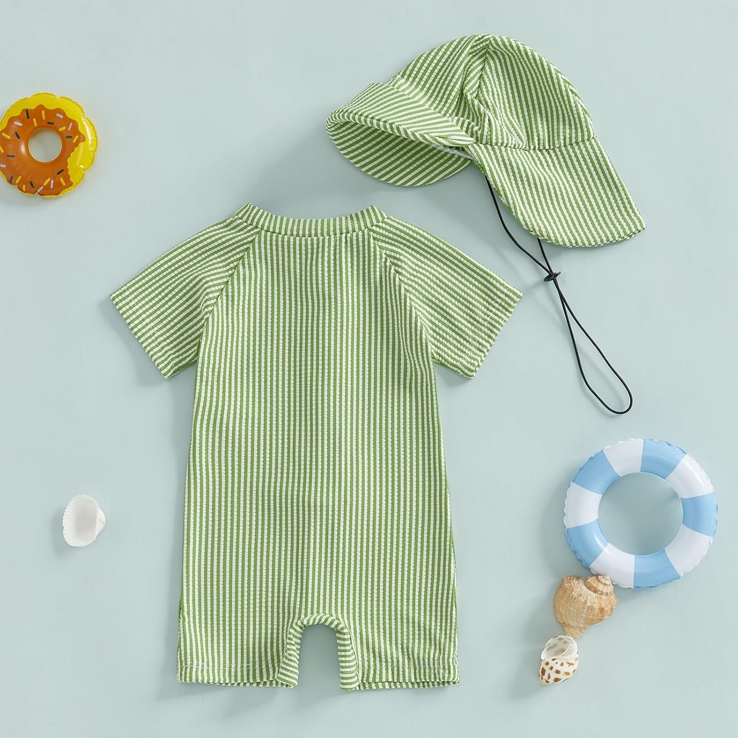 Toddler Baby Boys Seersucker Short Sleeve One Piece Rash Guard Swimsuit Zipper Bathing Suit