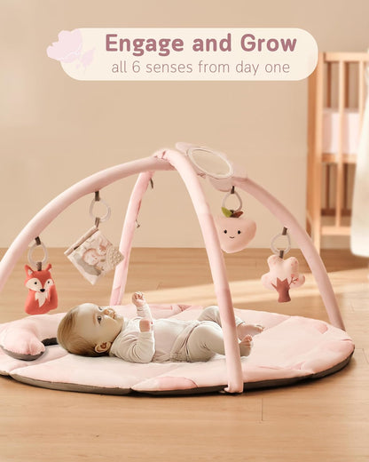 Fortella Baby Play Gym & Activity Mat, Tummy Time Mat w 5 Detachable Toys and Pillow, Large Sensory