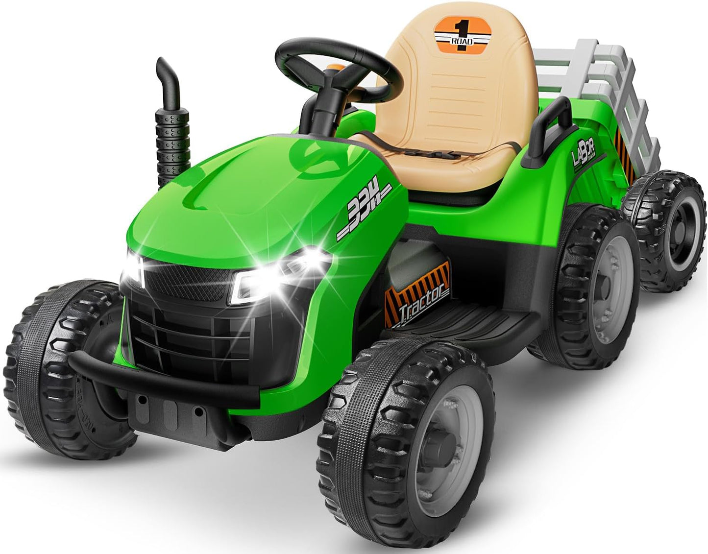 24V Ride On Tractor w/Tiltable & Detachable Trailer, 2x65W Motors, EVA Tires, Remote Control