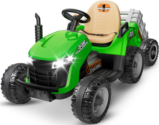 24V Ride On Tractor w/Tiltable & Detachable Trailer, 2x65W Motors, EVA Tires, Remote Control