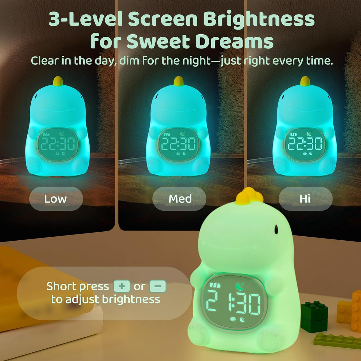 Dinosaurs Alarm Clock with Night Light for Kids with Sleep Training and Sound Machine, Rechargeable