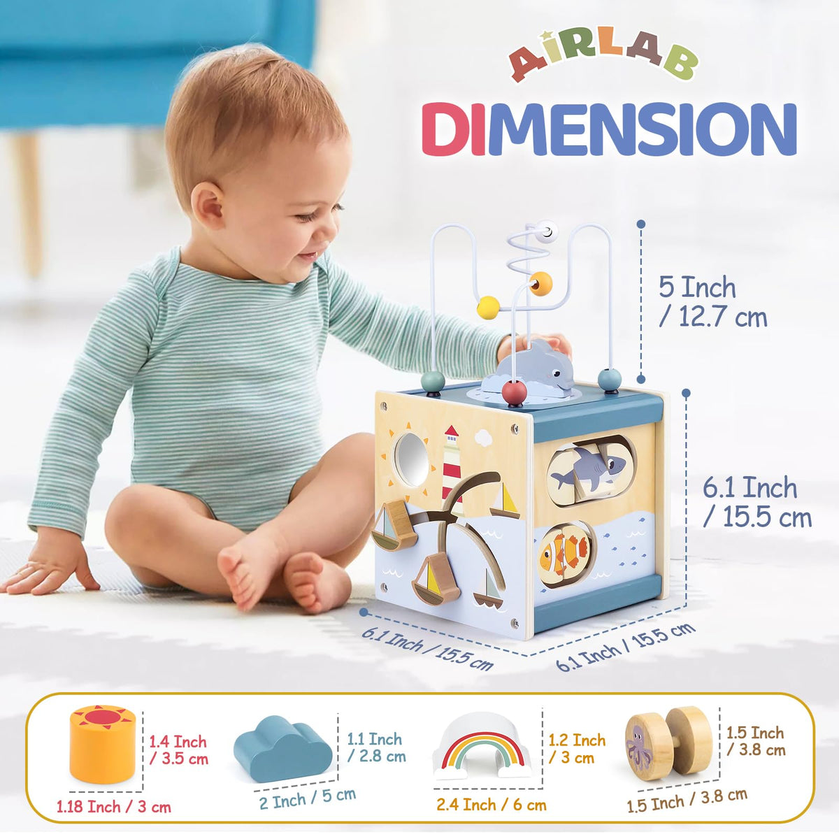 Airlab Wooden Activity Cube Montessori Toys for Boys Girls, Ocean