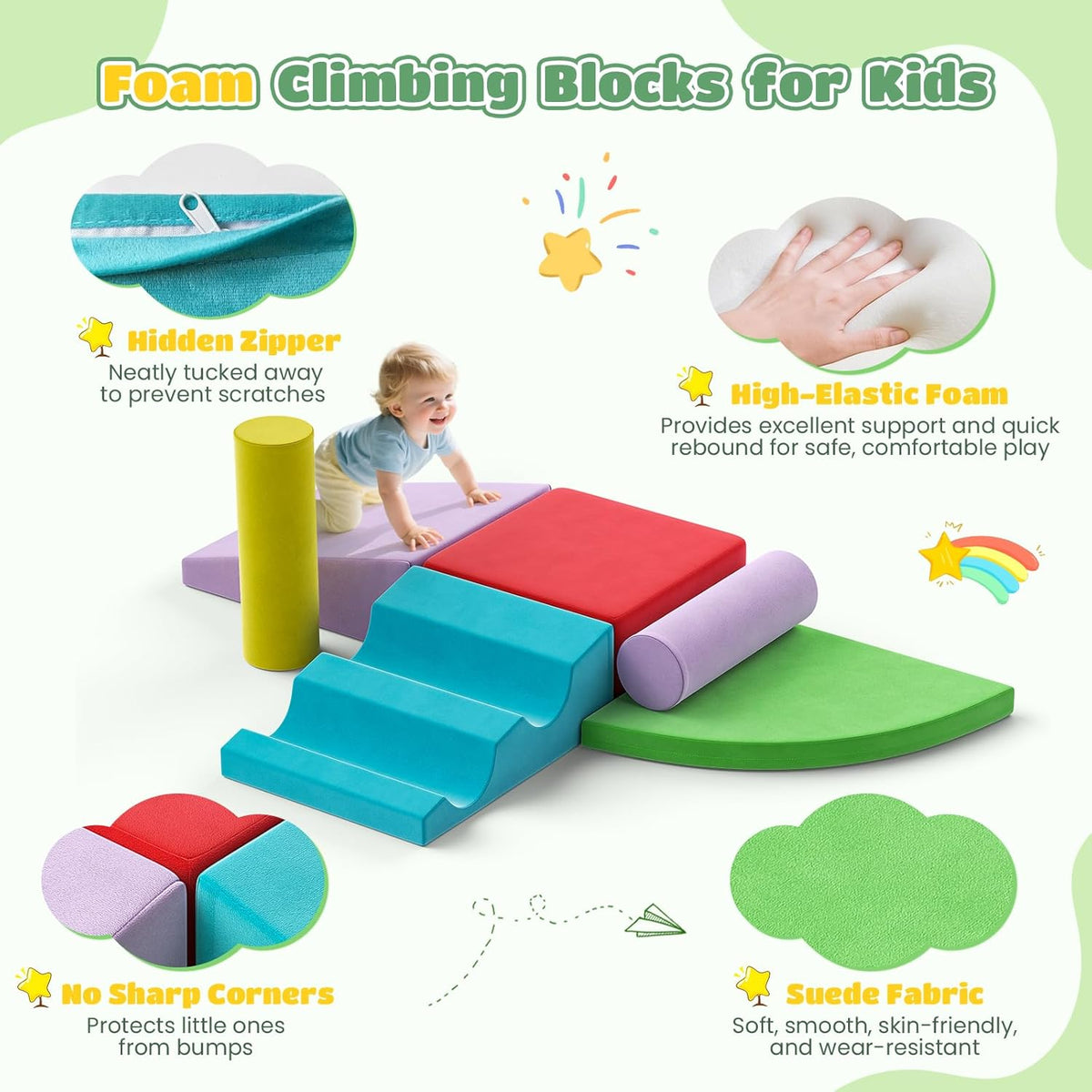 Lischwert Foam Climbing Blocks for Toddlers 1-3, 6pcs Soft Play Set with Crawling Exploration Toys