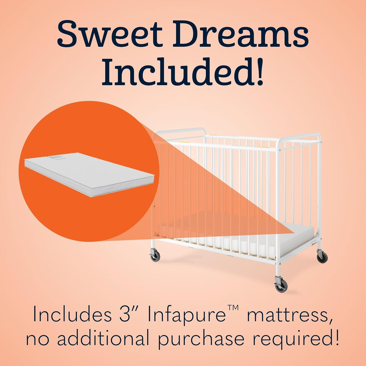 Foundations Chelsea Clearview Metal Compact Daycare Crib, 3" Casters, Compact Mini Size, Easy to