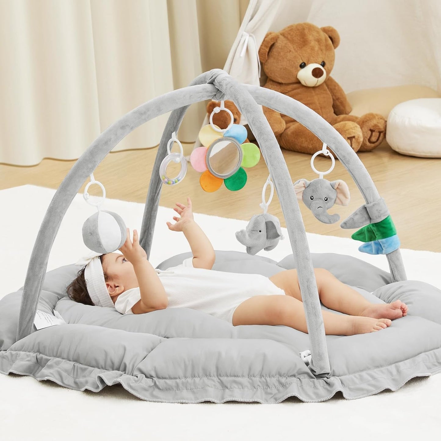 ANGELBLISS 5 in 1 Baby Play Gym Mat, Reversible Tummy Time Mat with 5 Sensory Toys for Stage-Based