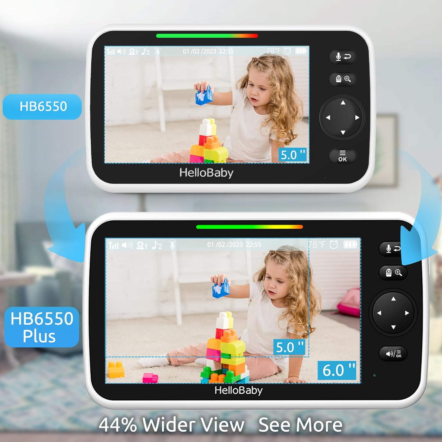 HelloBaby 6'' World First IPS 30H Battery Split-Screen Video Baby Monitor with Camera and Audio, No