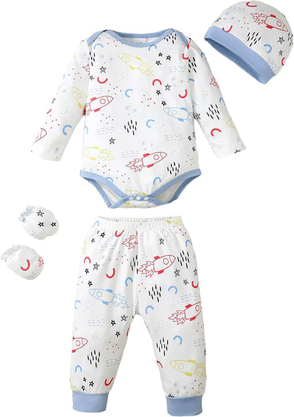 NZRVAWS Newborn Baby Boy Girl Clothes Unisex Infant Romper Pants Set Hat 4-Pack Outfits 0-12 Months