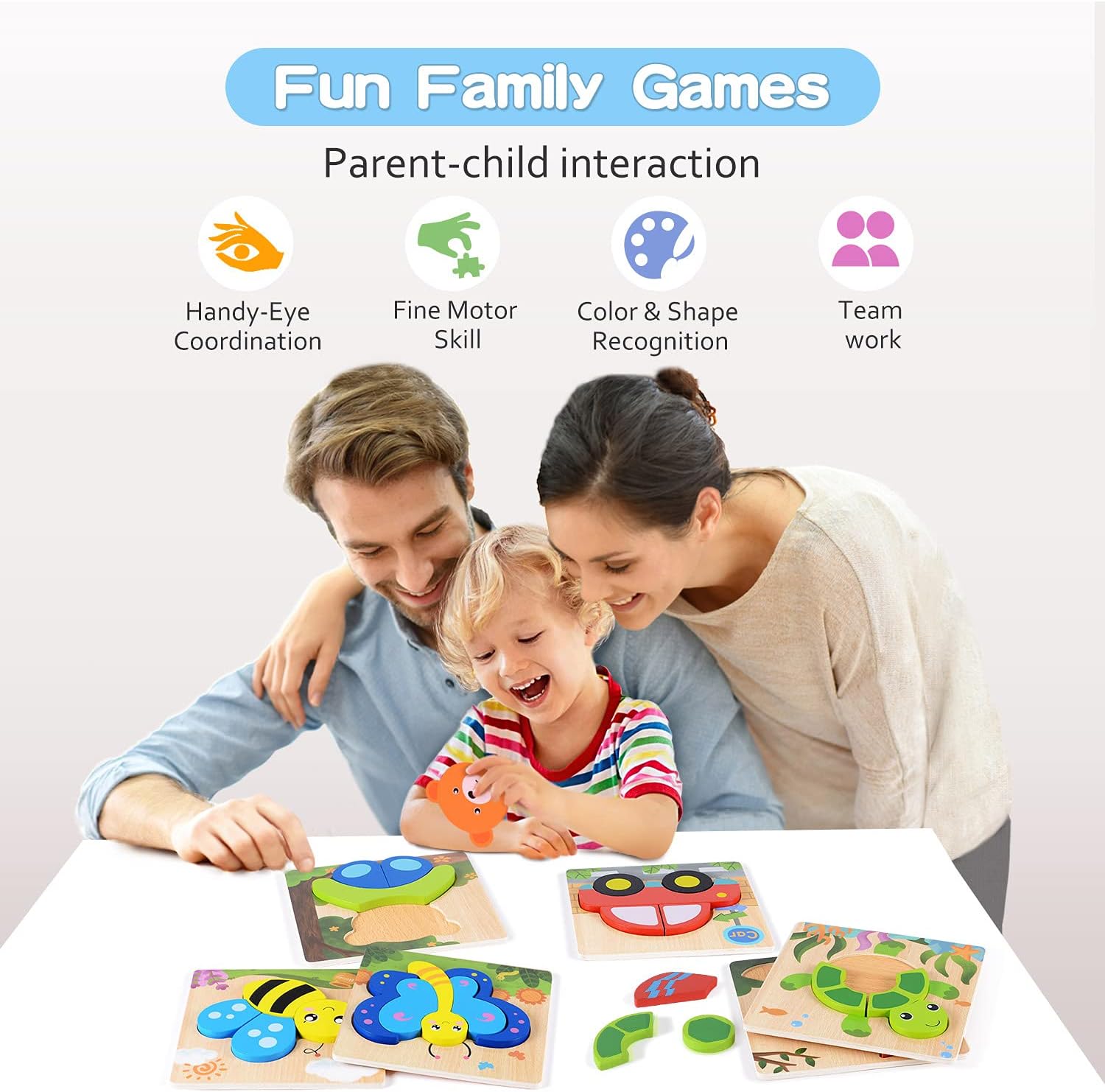 MAGIFIRE Wooden Puzzles for Toddlers 1-3 - 6-Pack Multicolor Animal & Car Puzzles - Toddler