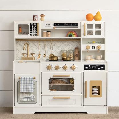 Wooden Play Kitchen for Kids with Real Lights and Sounds for Pretend Play