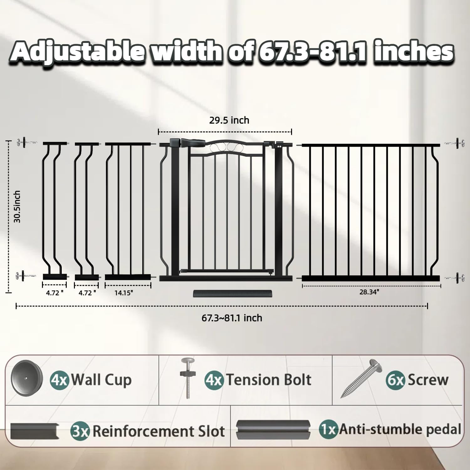 Extra Wide Baby Gate 67.3-81.1 Inch, Pressure Mounted Dog Gate Indoor, Walk Thru Pet Gate for Cat