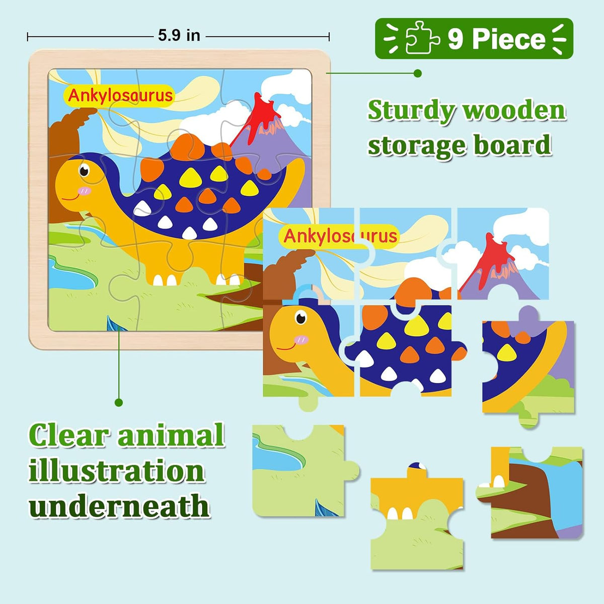 Wooden Puzzles for Toddlers 2-4, 9 Pieces Dinosaur Jigsaw Puzzles for Kids Ages 3-5, Preschool