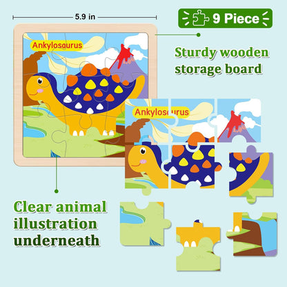 Wooden Puzzles for Toddlers 2-4, 9 Pieces Dinosaur Jigsaw Puzzles for Kids Ages 3-5, Preschool