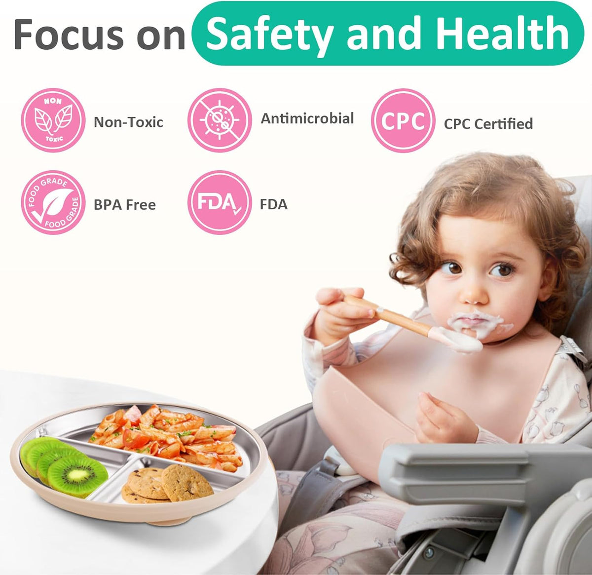 Stainless Steel Baby Plate with Suction, 9” Divided Toddler Plates with Removable Silicone Sleeves