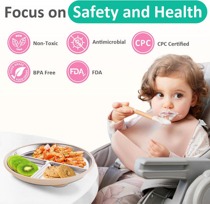 Stainless Steel Baby Plate with Suction, 9” Divided Toddler Plates with Removable Silicone Sleeves