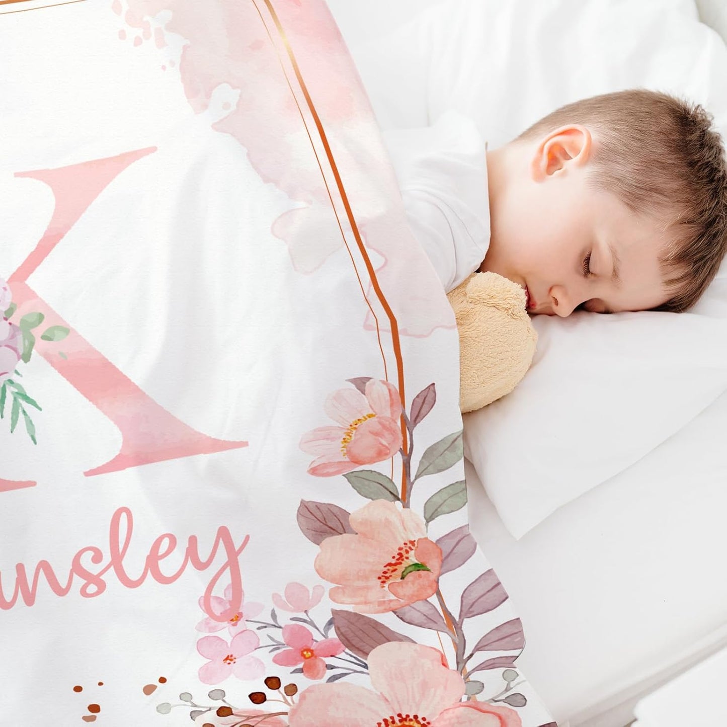 Personalized Baby Blanket with Name, Custom Floral Name Blanket Toddler Girls Soft Flannne