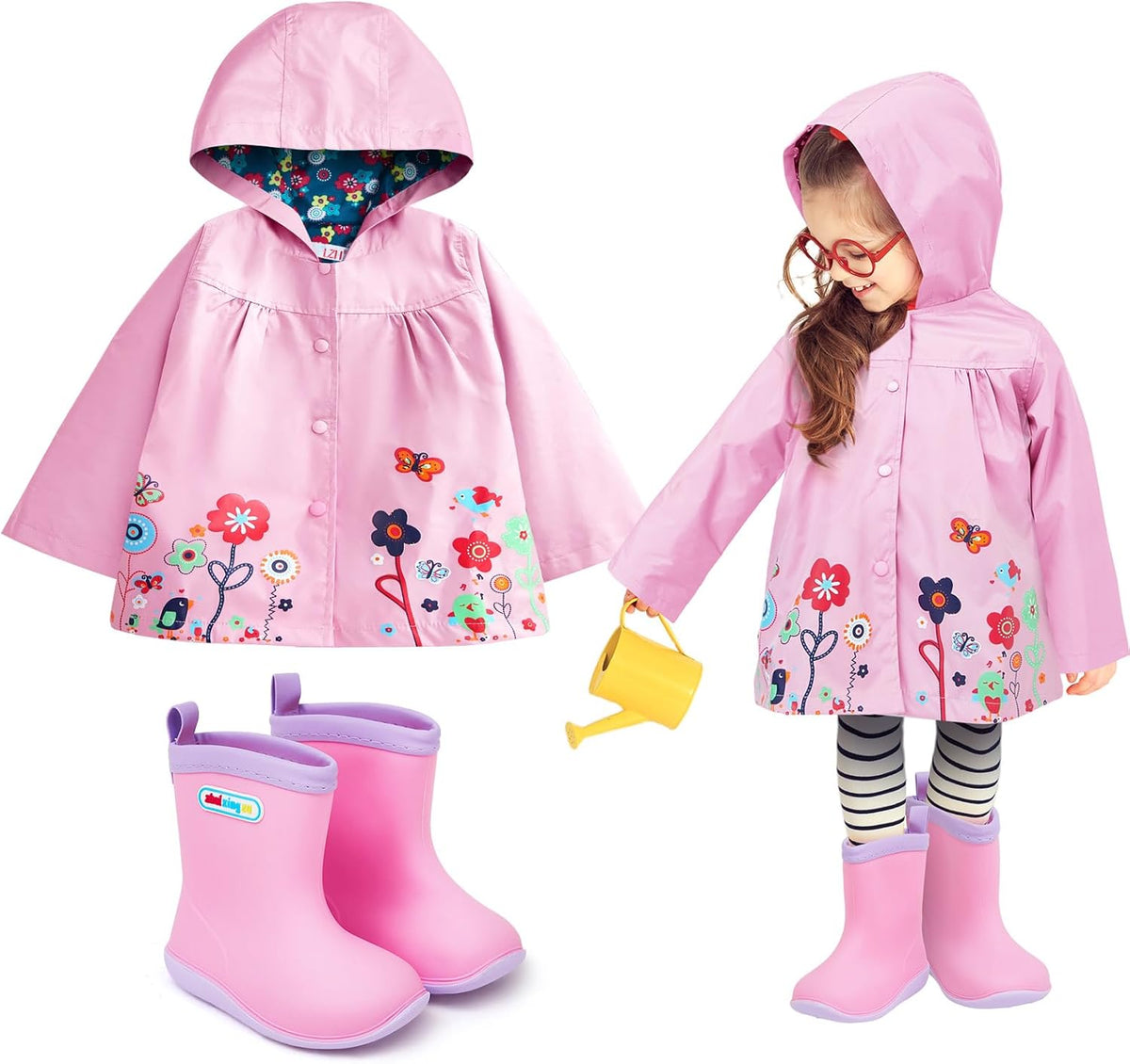 2 Pcs Toddler Raincoat Rain Boots Set Kids Baby Cartoon Hoodie Zipper Jacket Short Rain Shoes for