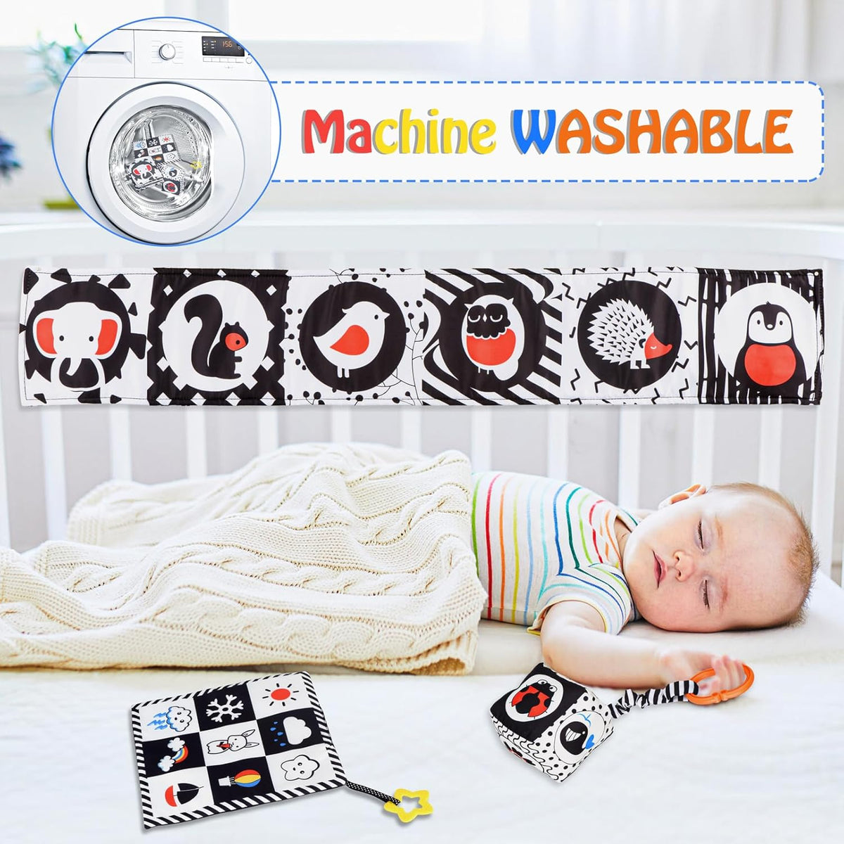 SAMMAS 3 Pcs Black and White High Contrast Baby Toys, 0-6 Months, Sensory Soft Book, Montessori