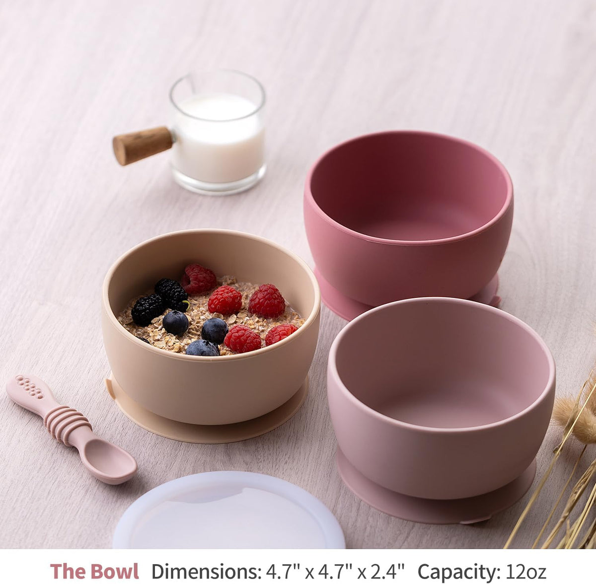 SAMiGO Silicone Baby Bowl and Spoon Set with Suction and Lid, First Stage Self Feeding Essentials