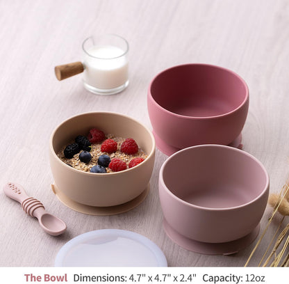 SAMiGO Silicone Baby Bowl and Spoon Set with Suction and Lid, First Stage Self Feeding Essentials