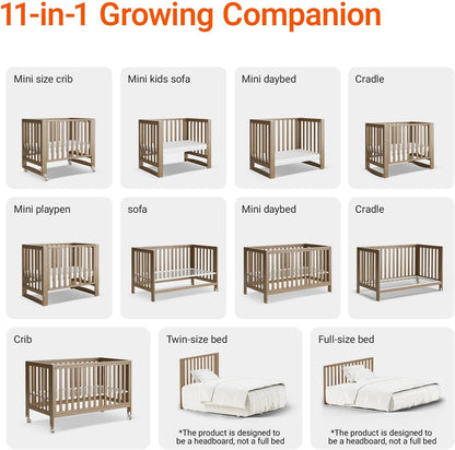 EvoNest Baby Crib, 11 in 1 Convertible Mini Crib with Wheels, 100% New Zealand Wood Growing Bed, 4