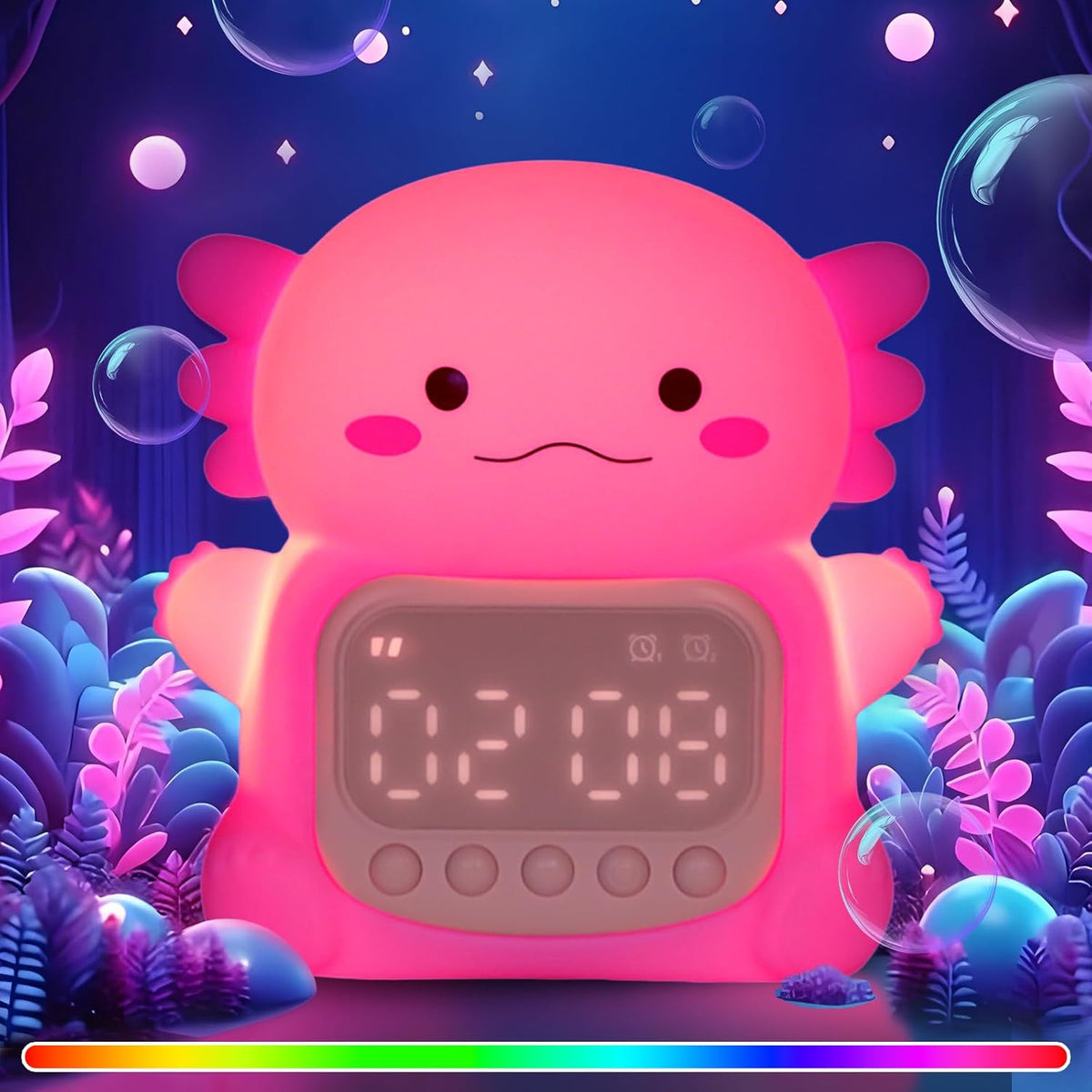 Axolotl Alarm Clock with Night Light for Kids, Rechargeable Silicone Lamp Time to Wake Clock，Cute