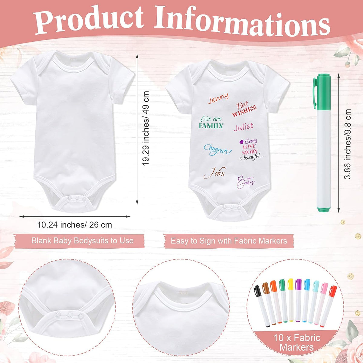 Qunclay 12 Pcs Baby Bodysuit Baby Shower Game Include 1 Game Wooden Sign Tabletop Decor 1 White