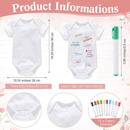 Qunclay 12 Pcs Baby Bodysuit Baby Shower Game Include 1 Game Wooden Sign Tabletop Decor 1 White