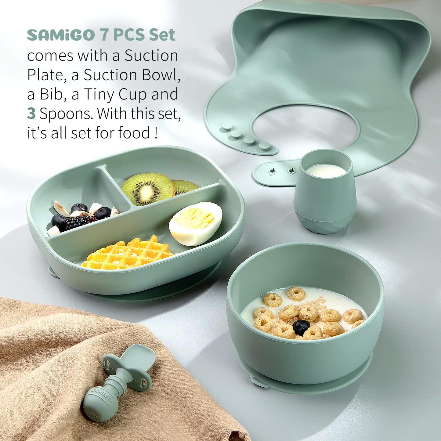 SAMiGO Silicone Baby Feeding Set, Baby Led Weaning Supplies, Suction Bowl Plate Bib Cup Self