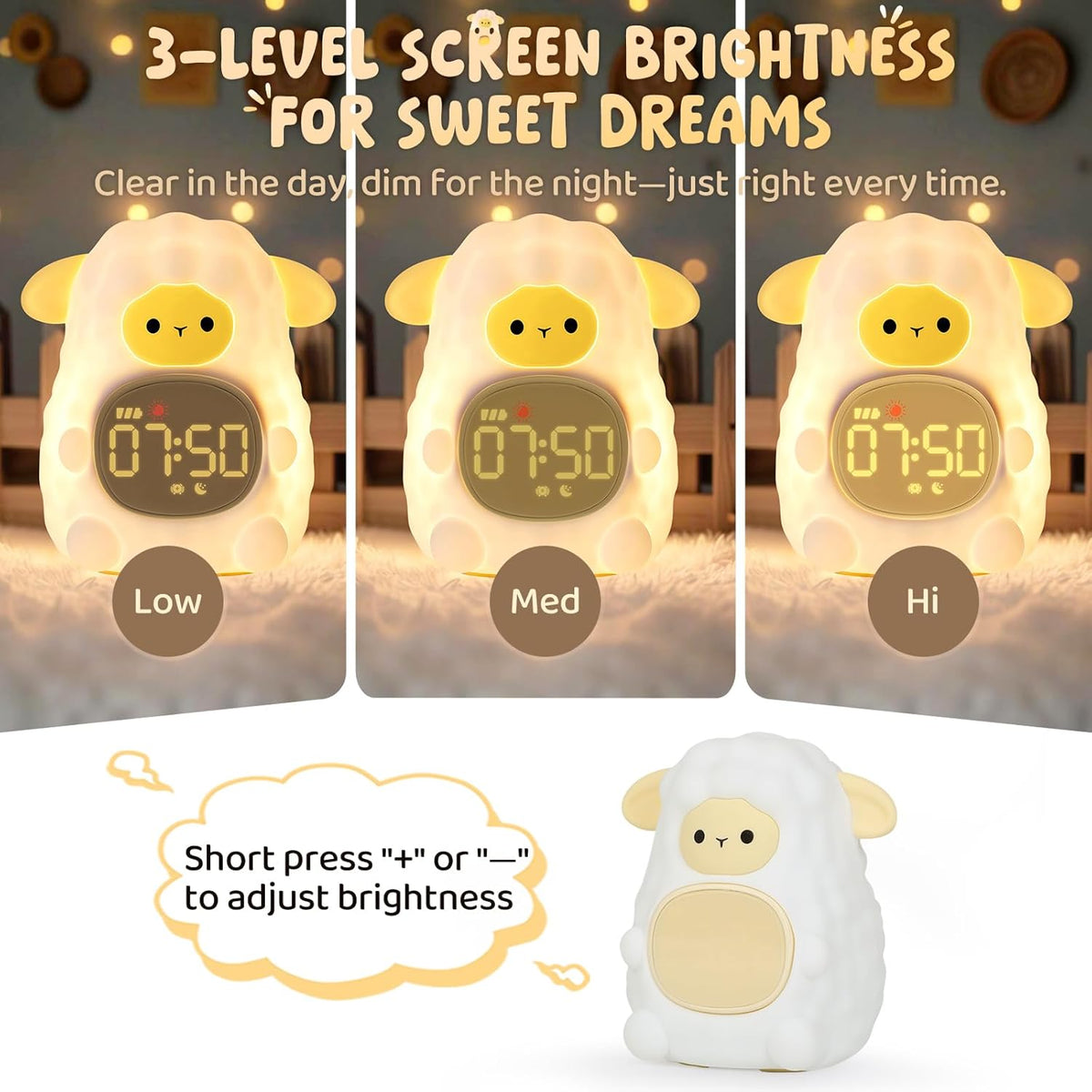 Sheep Alarm Clock with Night Light for Kids with Sleep Training and Sound Machine, Rechargeable