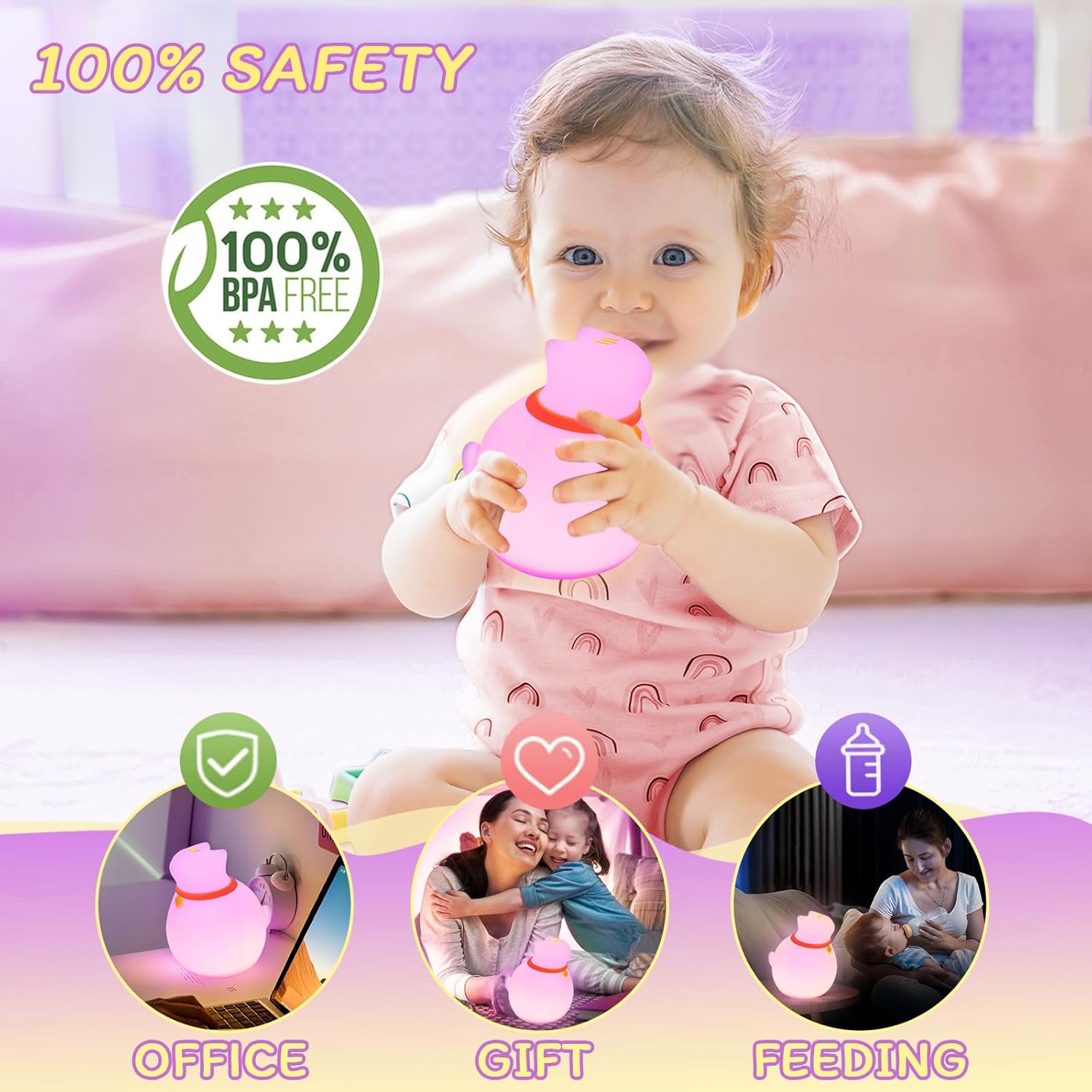 7-Color Changing Cat Night Light, Silicone Rechargeable Nursery Light with Timer & 3 Modes, Kids