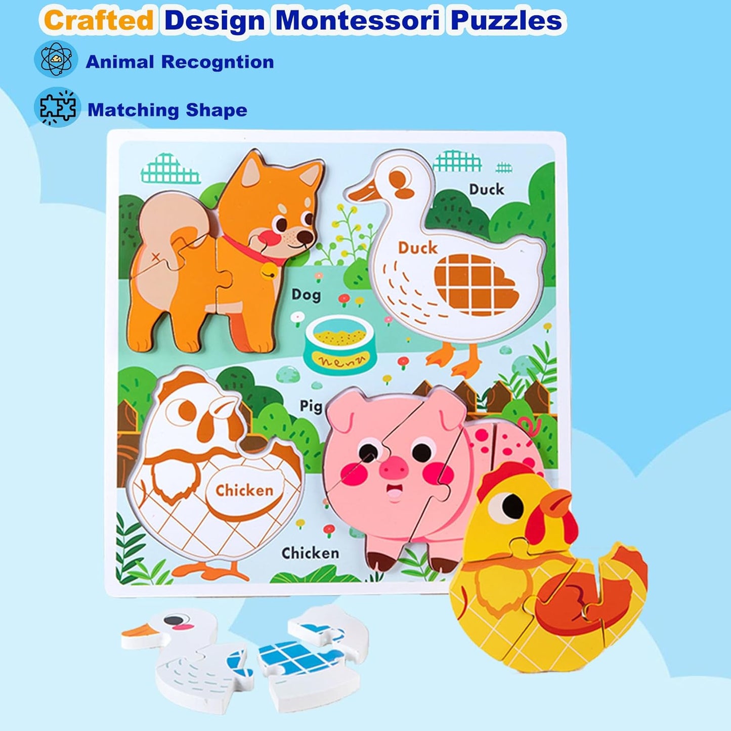 Farm Animal Puzzles for Toddlers 1-3, Gifts for 2 3 Years Old Girls Boys,Wooden Montessori Puzzle