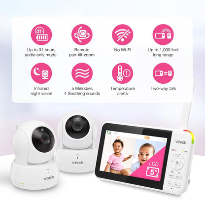 VTech VM924-2 Remote Pan-Tilt-Zoom Baby Monitor with 2 Cameras & Audio,5" LCD Screen,Up to 17Hrs