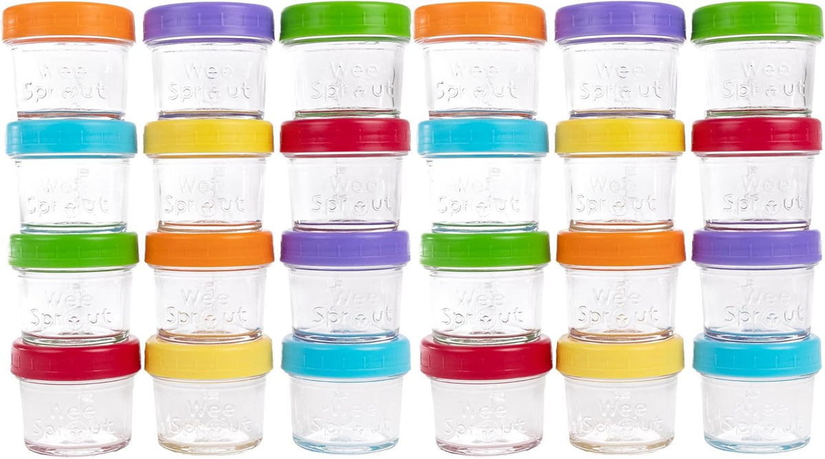 WeeSprout Baby Food Storage Glass Jars w/Lids (4 oz, 24 Pack) Bright Variety, Snack, Reusable Small