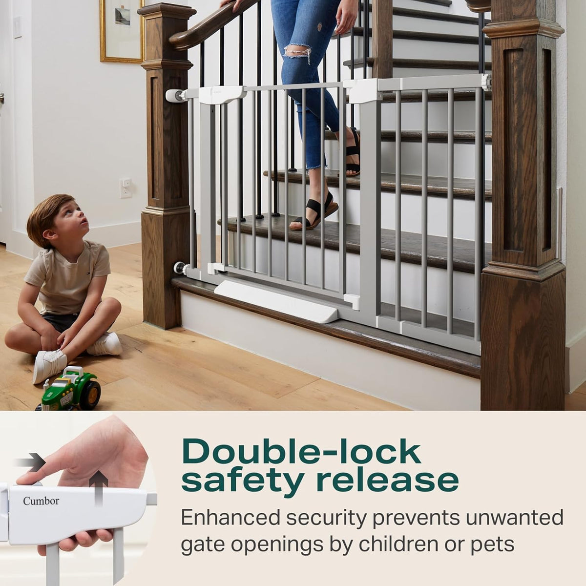 Cumbor 29.7-46" Baby Gate for Stairs, Gifts for Mom-Auto Close Dog Gate for The House, Easy Install