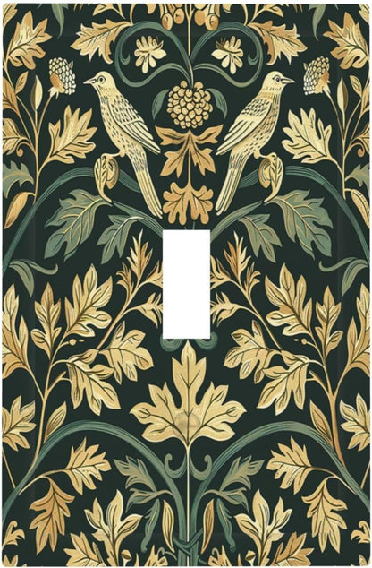 Decorative Light Switch Cover William Morris Vintage Botanical Birds Golden Green Leaves 1 Gang