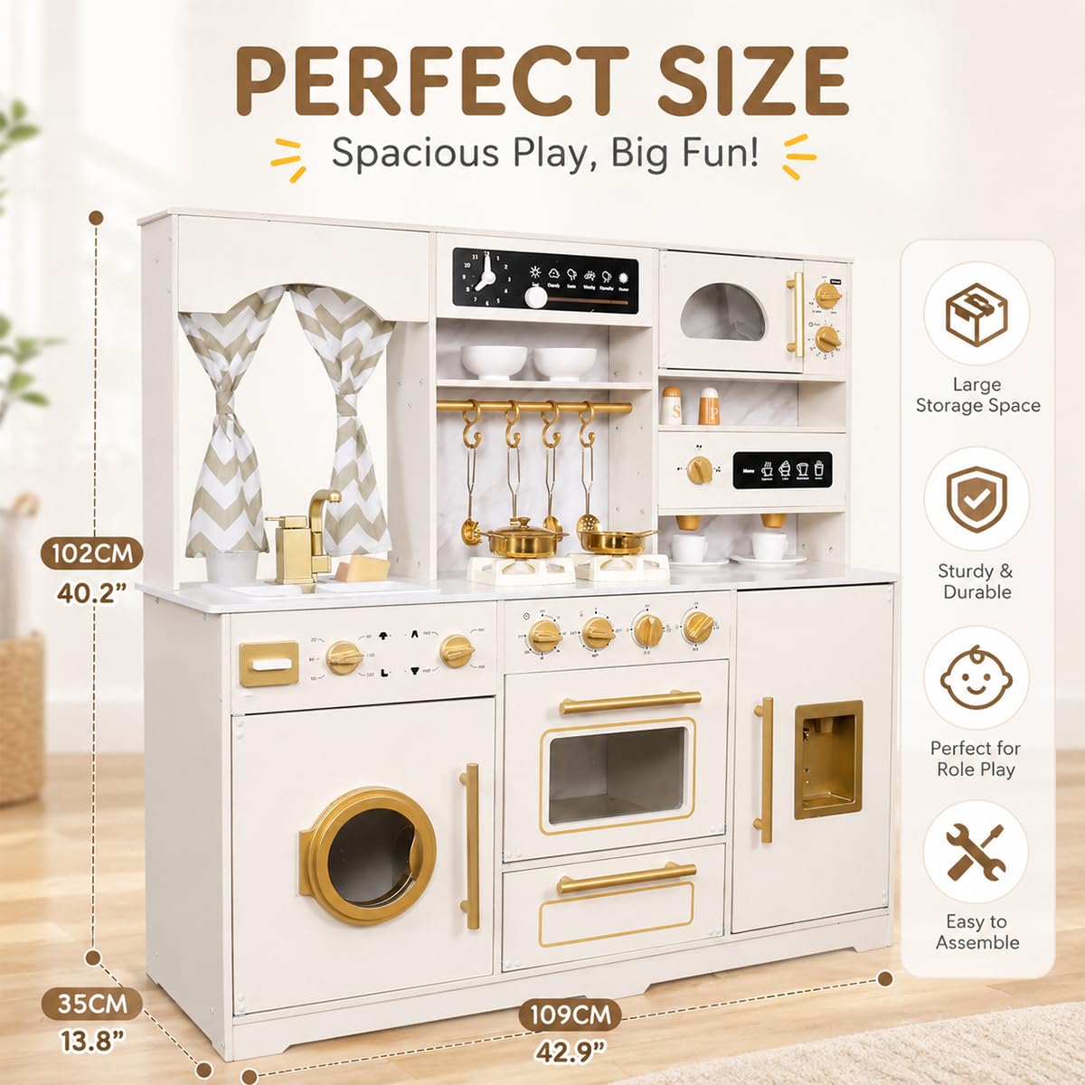 Wooden Play Kitchen Set with Ice Maker, Water Dispenser, Coffee Maker,Big Toddler Toy Kitchens