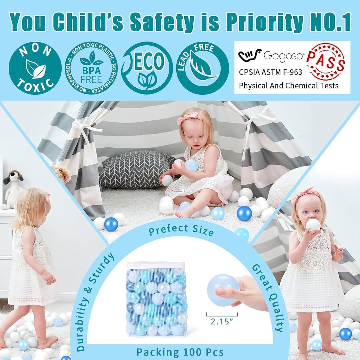 GOGOSO Ball Pits Balls for Toddlers Pack of 50 100 200 Plastics Shape Ball Non-Phthalate Non-BPA