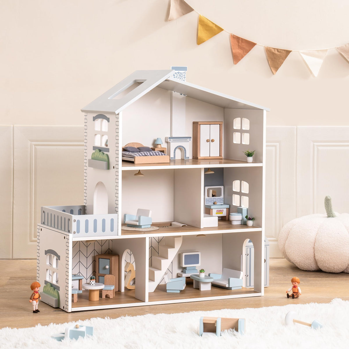 ROBOTIME Wooden Dollhouse, Wooden Doll House with 29 Pieces of Furniture, 6 Rooms Fits 4-6 Inch