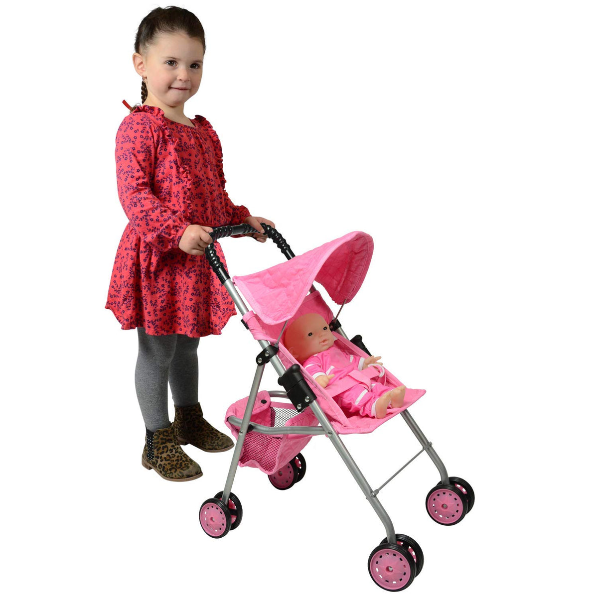 The New York Doll Collection My First Doll Stroller with Basket, Foldable Doll Stroller (Pink
