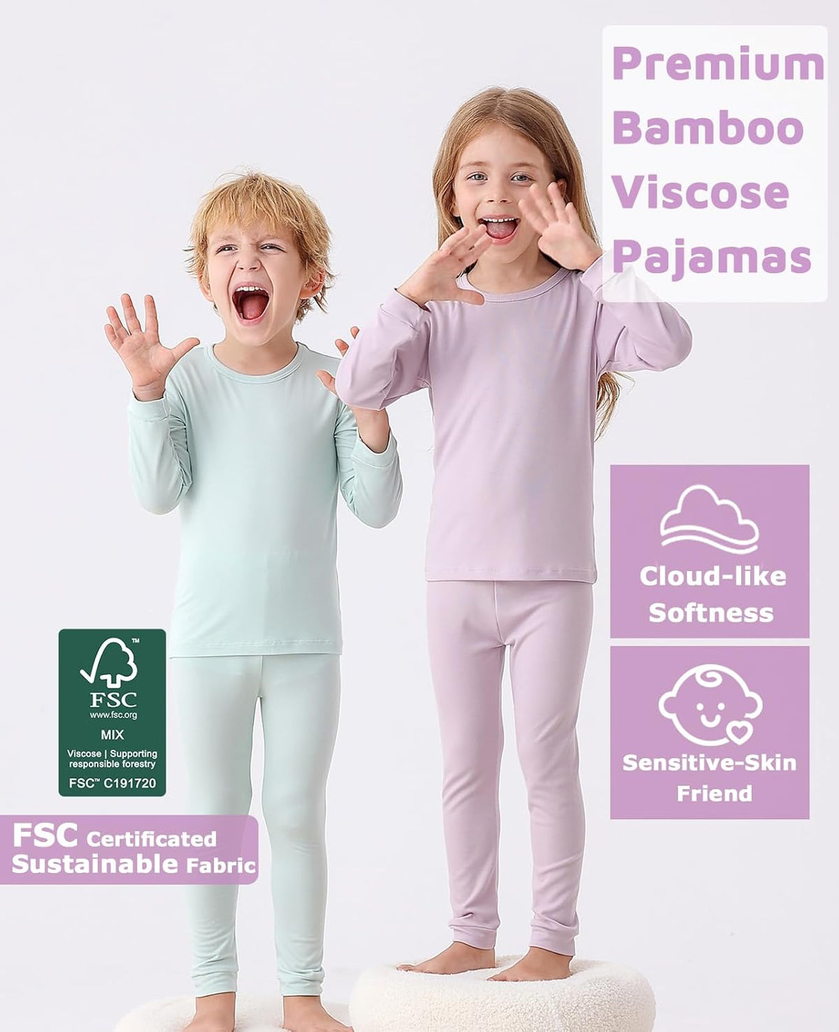 JunNeng Bamboo Viscose Pajamas for Toddler Baby, Boys Girls Solid Snug Fit Pajamas Long Sleeve